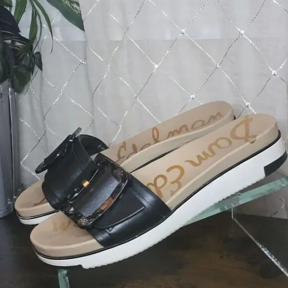 🔥 Sam Edelman Ariane Womens Sz 9 1/2 Black Leather Buckle Slide Sandals Shoes - Picture 4 of 11